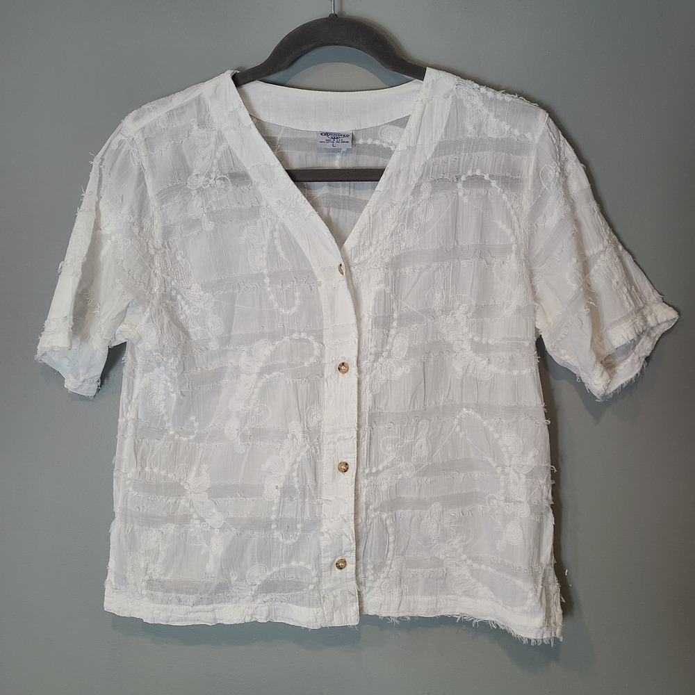 Vtg Cottonseed White Button Top L Boho Coastal Art Lagenlook Embroidered Cotton